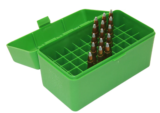 MTM Flip top 50 Round Rifle Ammo Box 22-250, 7.62x39, 6.8 SPC Green